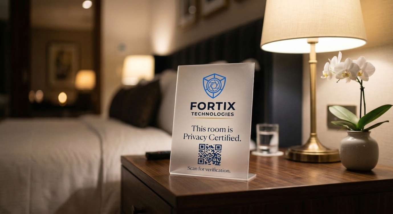 Fortix Privacy Certified badge on hotel nightstand